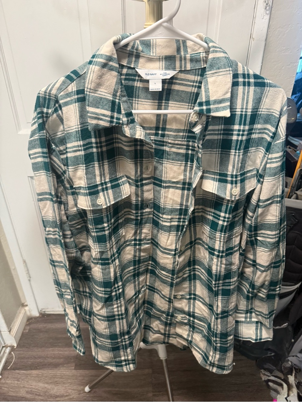 Old Navy Green and Cream Plaid Boyfriend Shirt